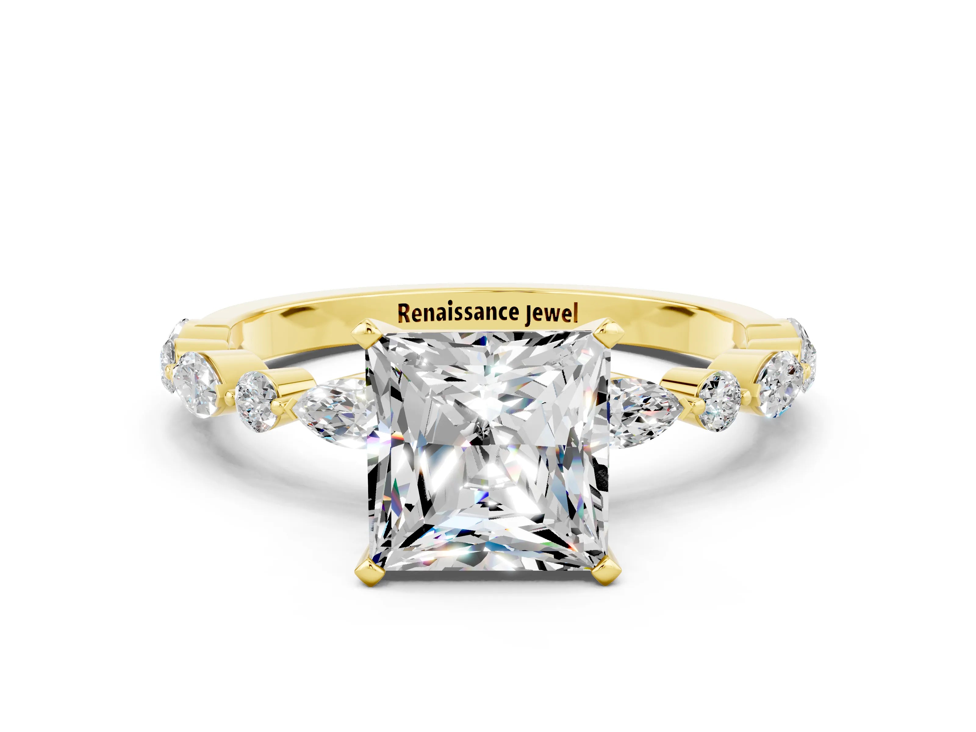 Yellow gold Princess Cut Moissanite Solitaire with Side Stones on a Pavé Band and Four-Prong Setting