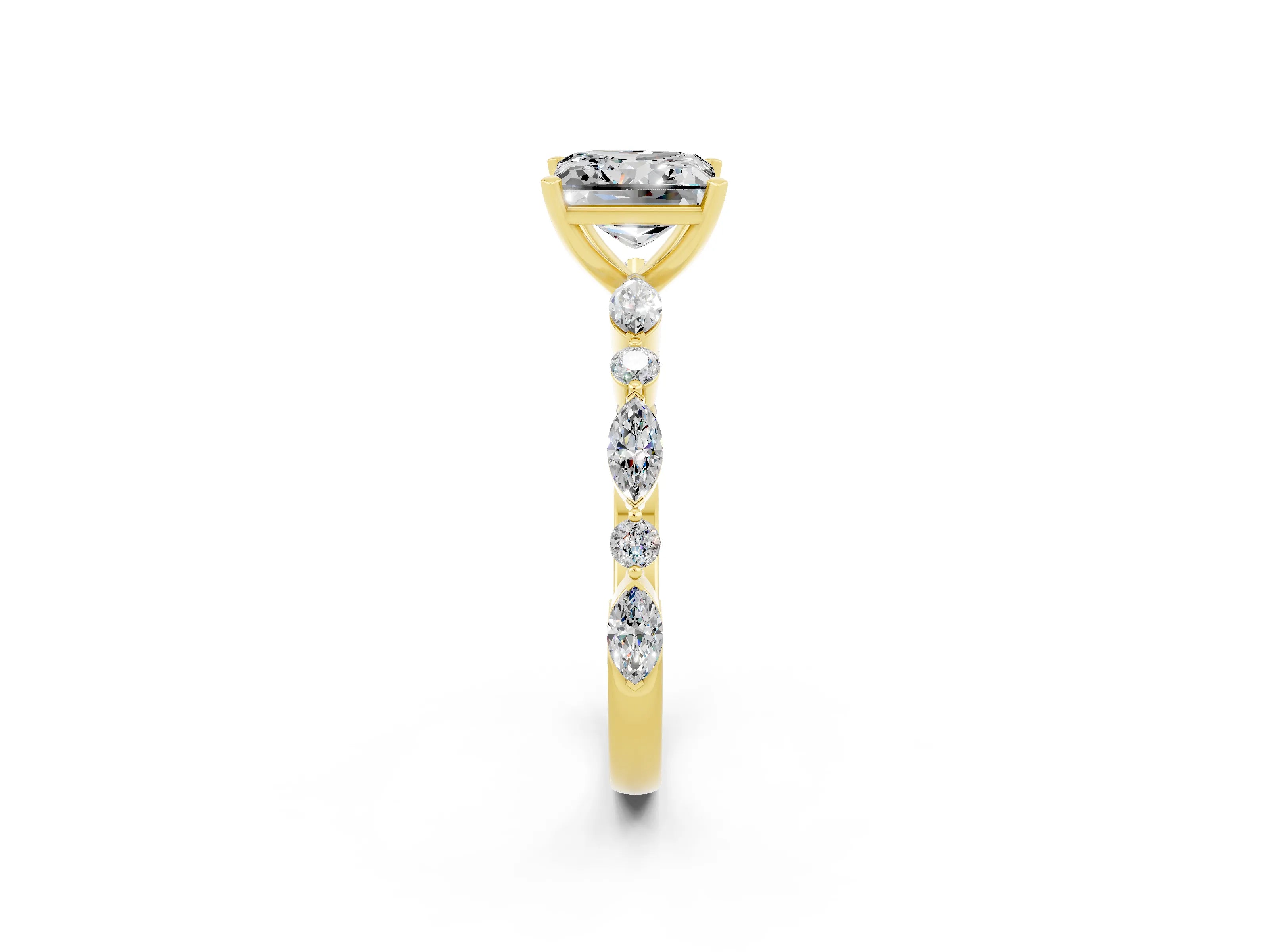 Yellow gold Princess Cut Moissanite Solitaire with Side Stones on a Pavé Band and Four-Prong Setting_2