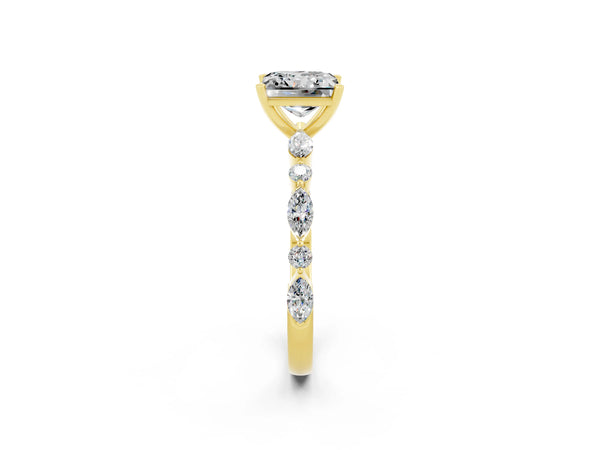 Yellow gold Princess Cut Moissanite Ring with Marquise and Round  Side Stones and Four-Prong Setting