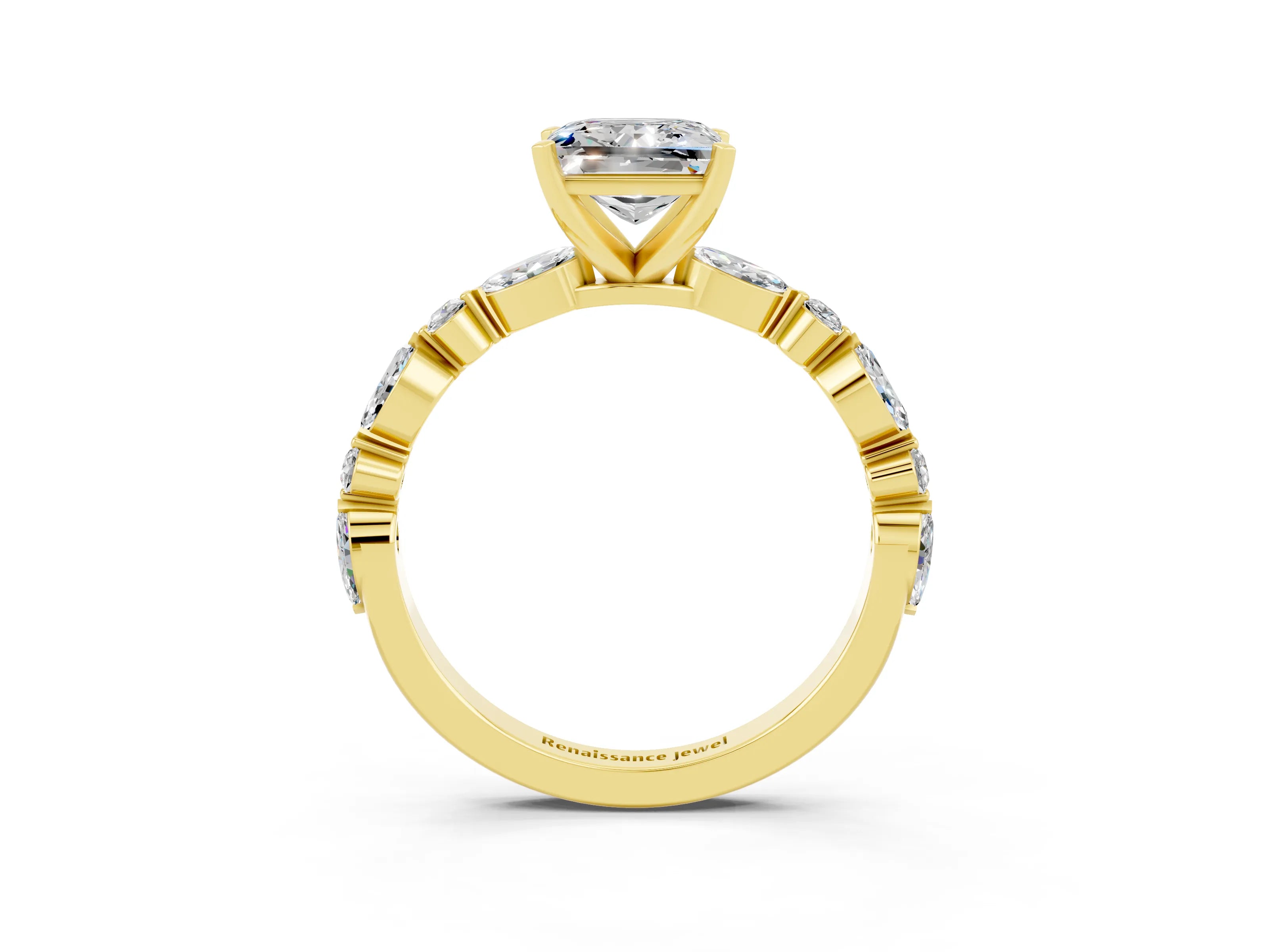 Yellow gold Princess Cut Moissanite Solitaire with Side Stones on a Pavé Band and Four-Prong Setting_3