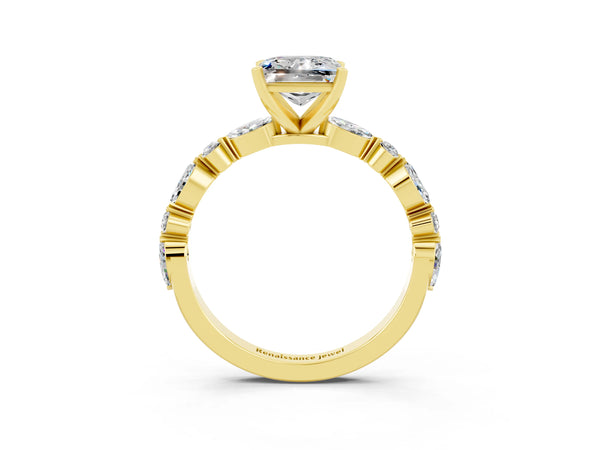 Yellow gold Princess Cut Moissanite Ring with Marquise and Round  Side Stones and Four-Prong Setting