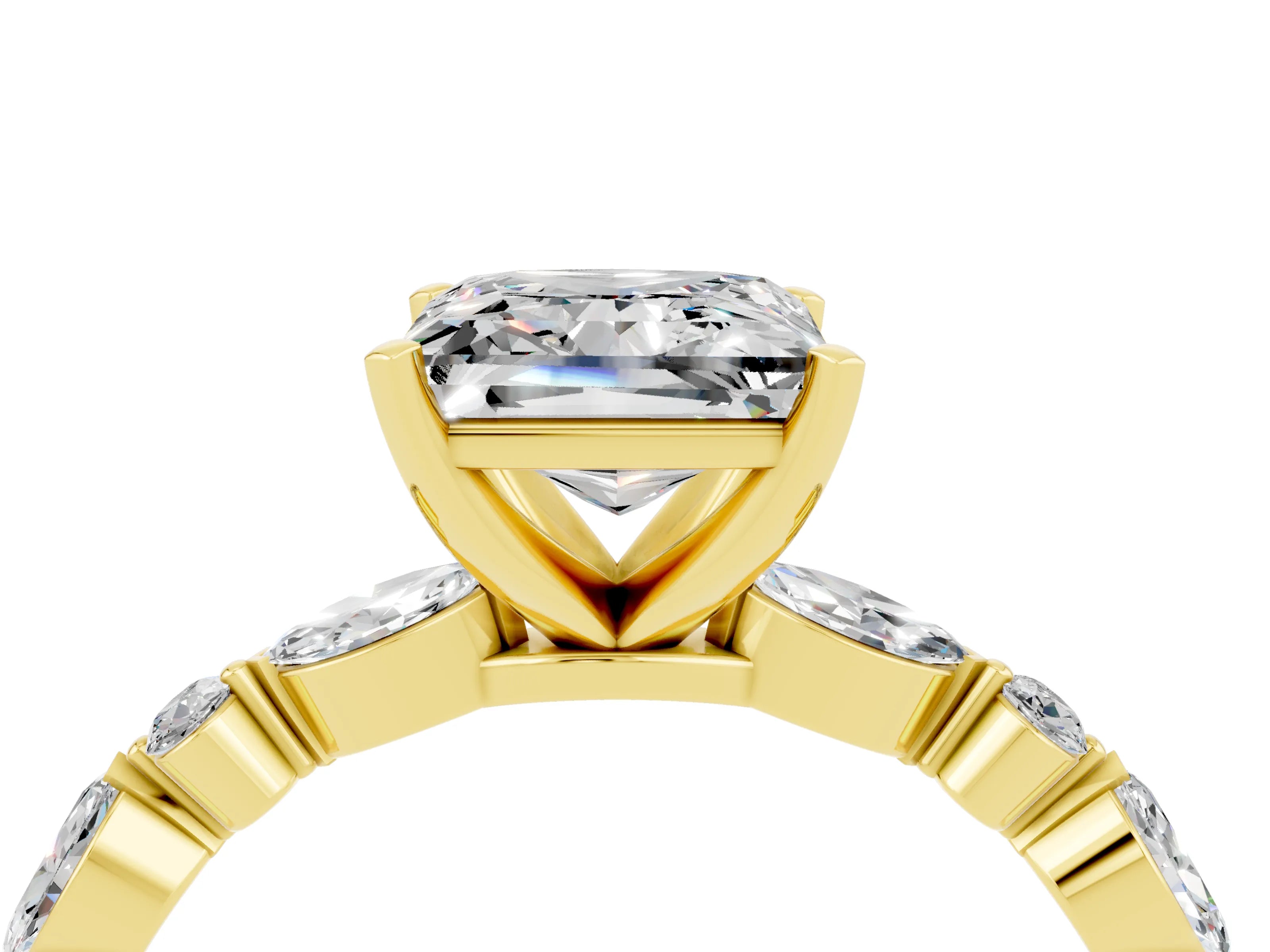 Yellow gold Princess Cut Moissanite Solitaire with Side Stones on a Pavé Band and Four-Prong Setting_4