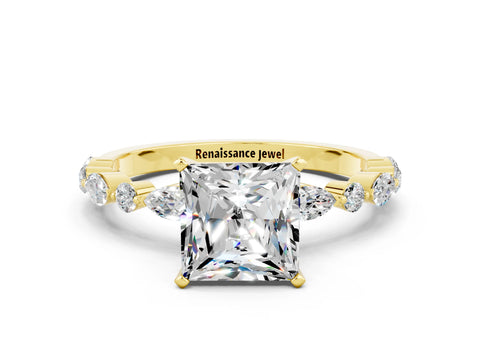 Yellow gold Princess Cut Moissanite Solitaire with Side Stones on a Pavé Band and Four-Prong Setting