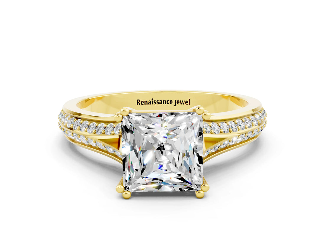 Yellow gold Princess Cut Moissanite Split Shank Engagement Ring with Pavé Band