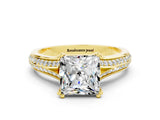 Yellow gold Princess Cut Moissanite Split Shank Engagement Ring with Pavé Band