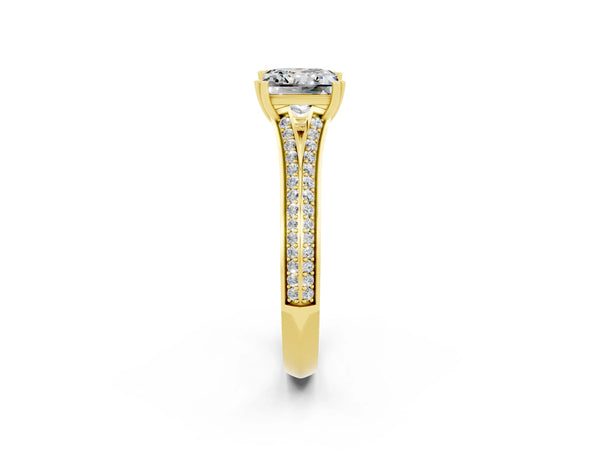 Yellow gold Princess Cut Moissanite Split Shank Engagement Ring with Pavé Band