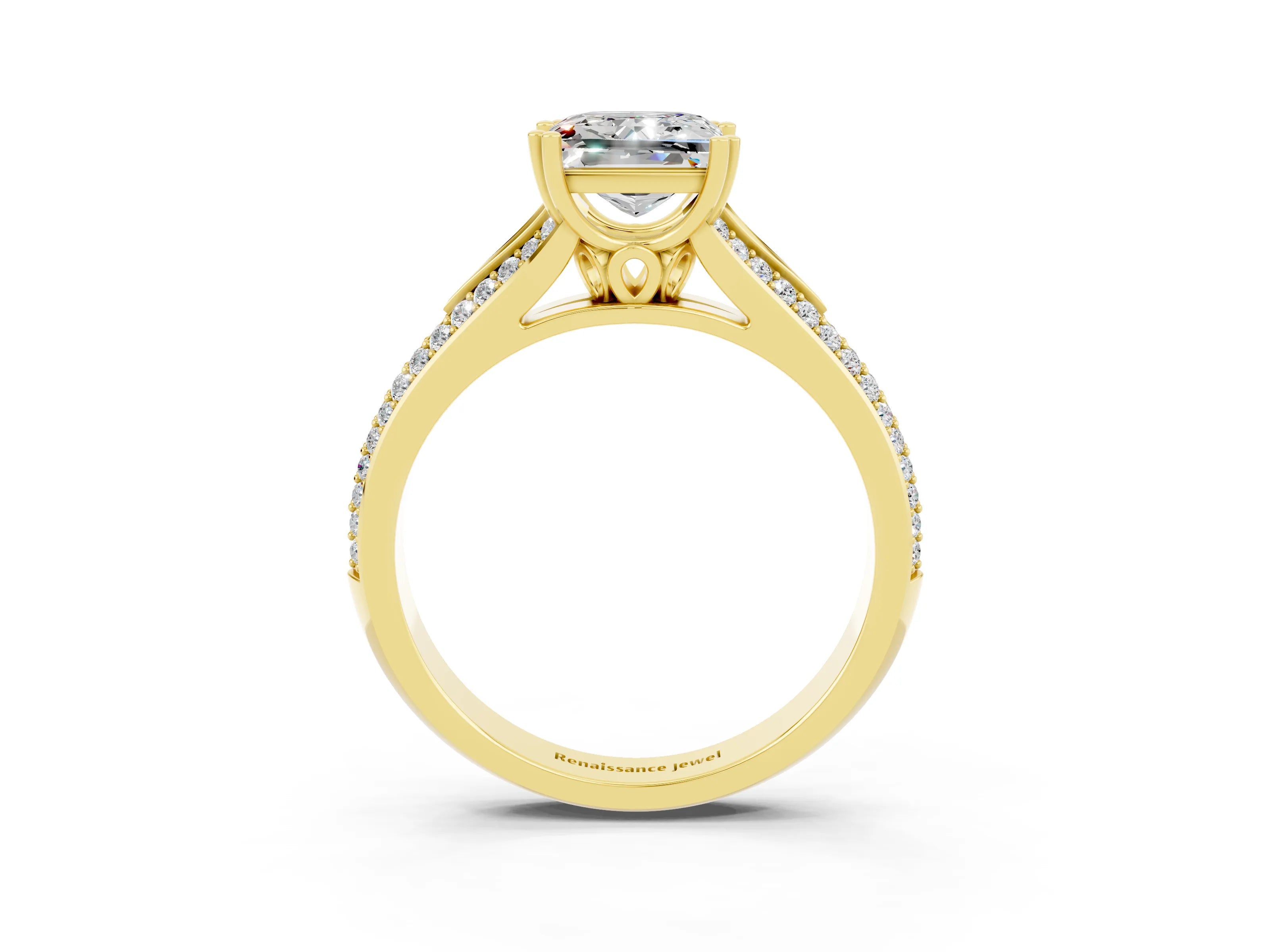 Yellow gold Princess Cut Moissanite Split Shank Engagement Ring with Pavé Band_3