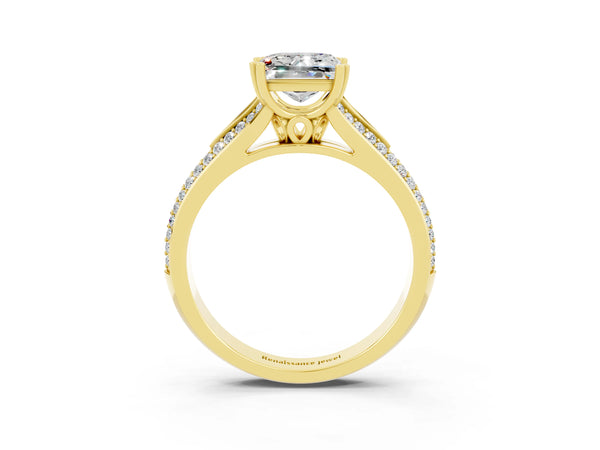 Yellow gold Princess Cut Moissanite Split Shank Engagement Ring with Pavé Band