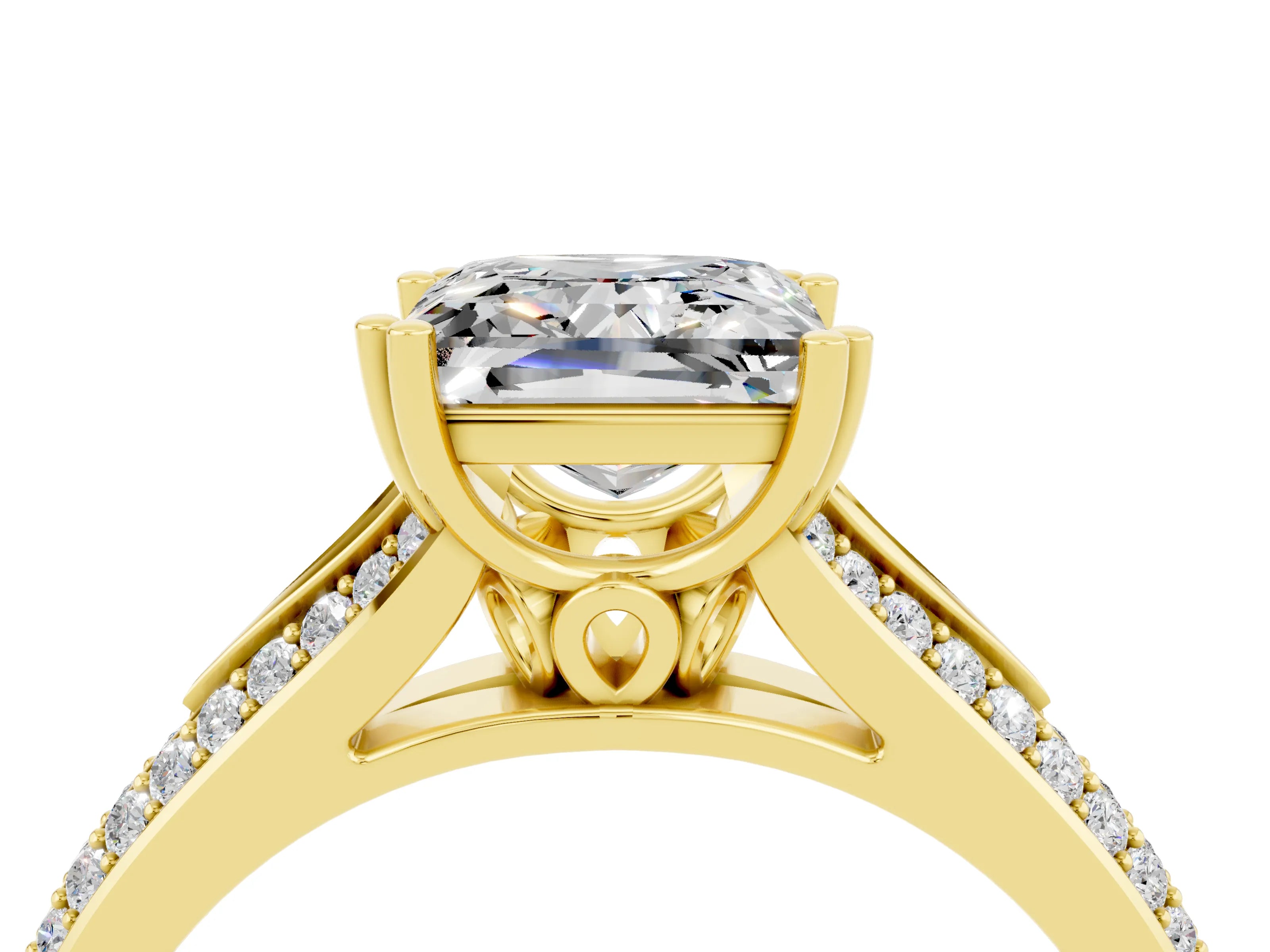 Yellow gold Princess Cut Moissanite Split Shank Engagement Ring with Pavé Band_4