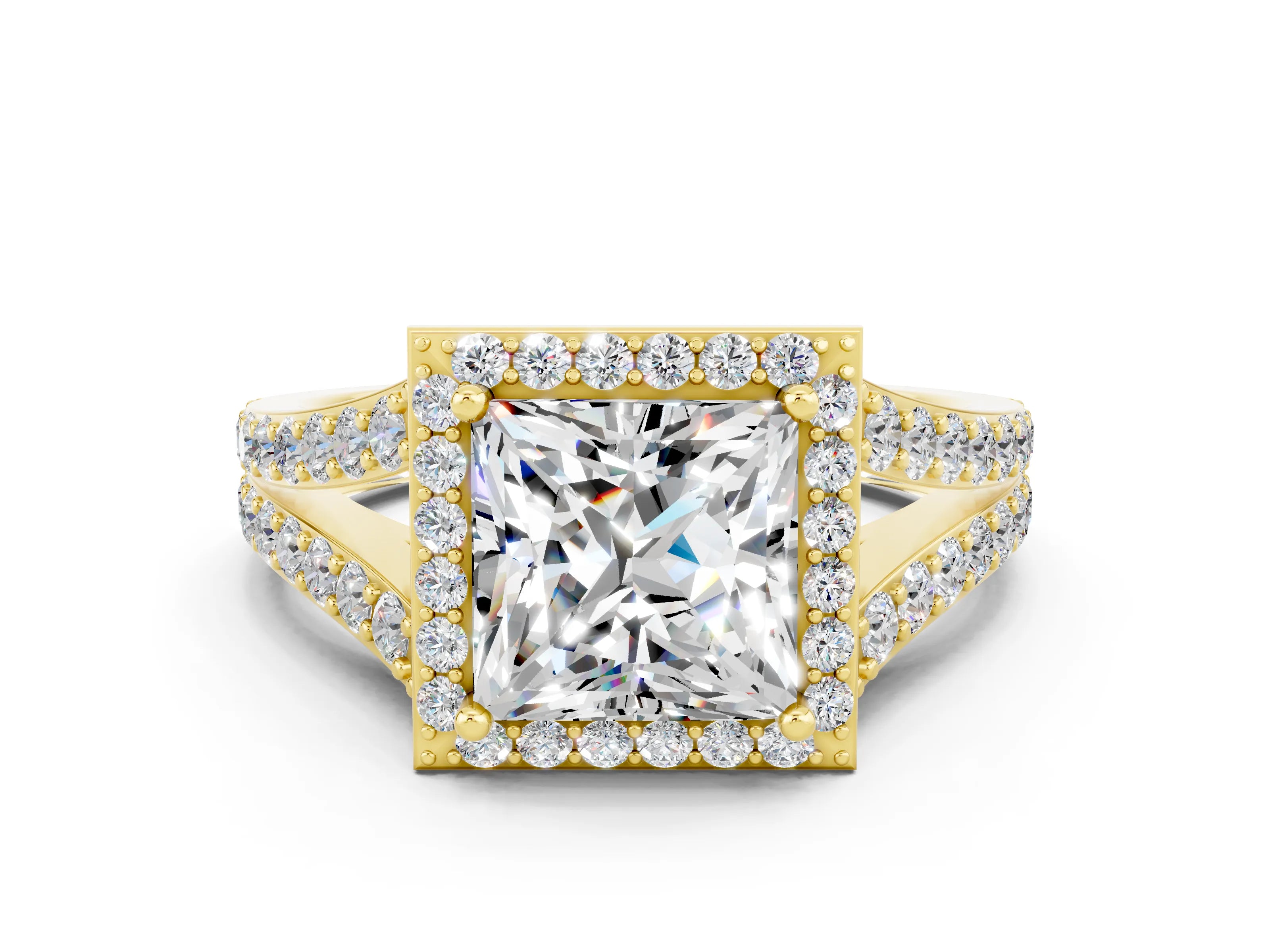 Yellow gold Princess Cut Moissanite Split Shank Halo Ring with Four-Prong Setting_12