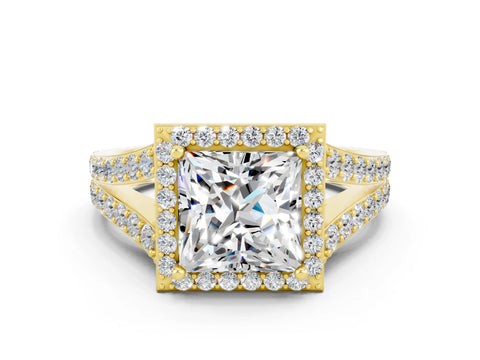 Yellow gold Princess Cut Moissanite Split Shank Halo Ring with Four-Prong Setting_12