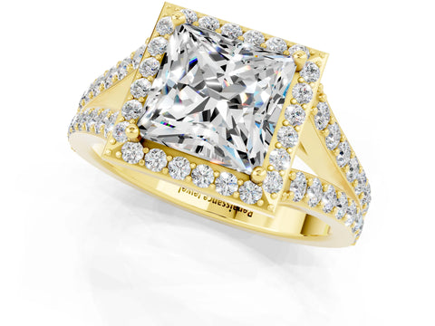 Yellow gold Princess Cut Moissanite Split Shank Halo Ring with Four-Prong Setting_13