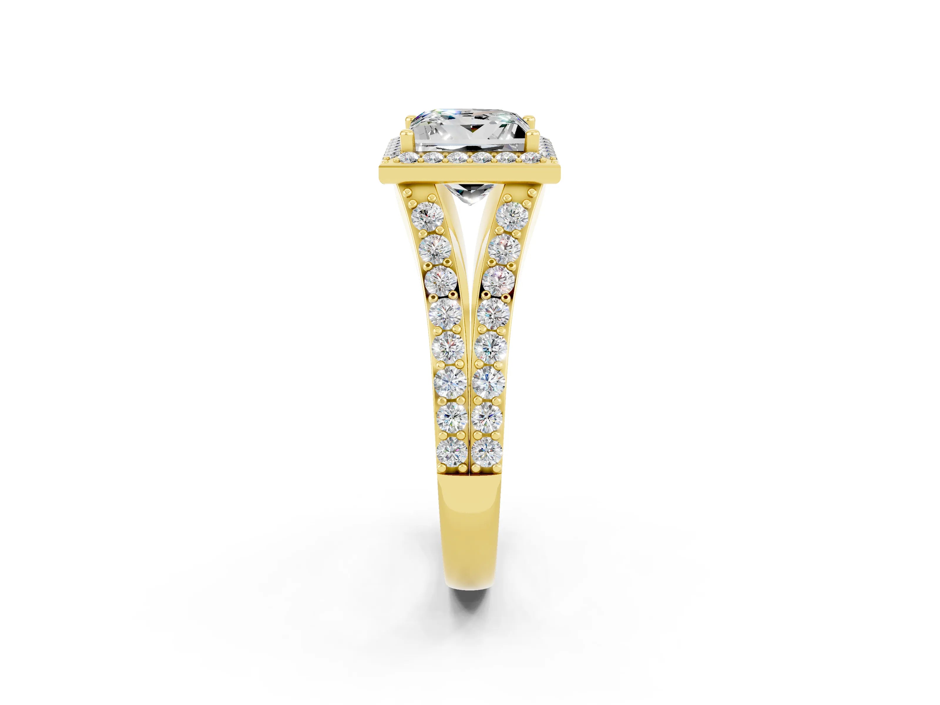 Yellow gold Princess Cut Moissanite Split Shank Halo Ring with Four-Prong Setting_14