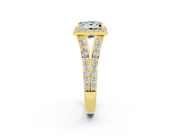 Yellow gold Princess Cut Moissanite Split Shank Halo Ring with Four-Prong Setting