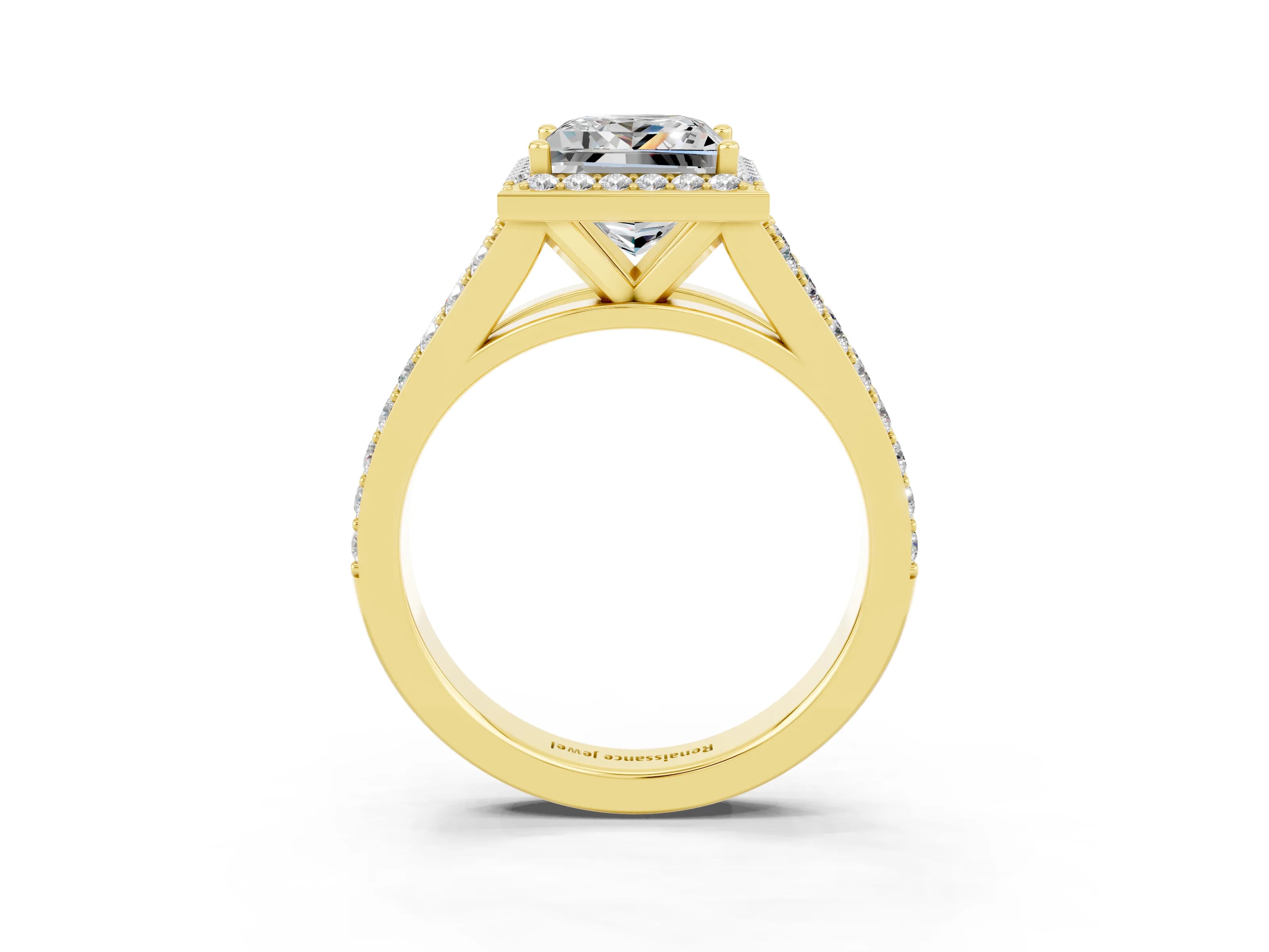 Yellow gold Princess Cut Moissanite Split Shank Halo Ring with Four-Prong Setting_15