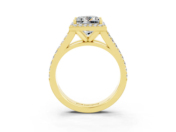 Yellow gold Princess Cut Moissanite Split Shank Halo Ring with Four-Prong Setting