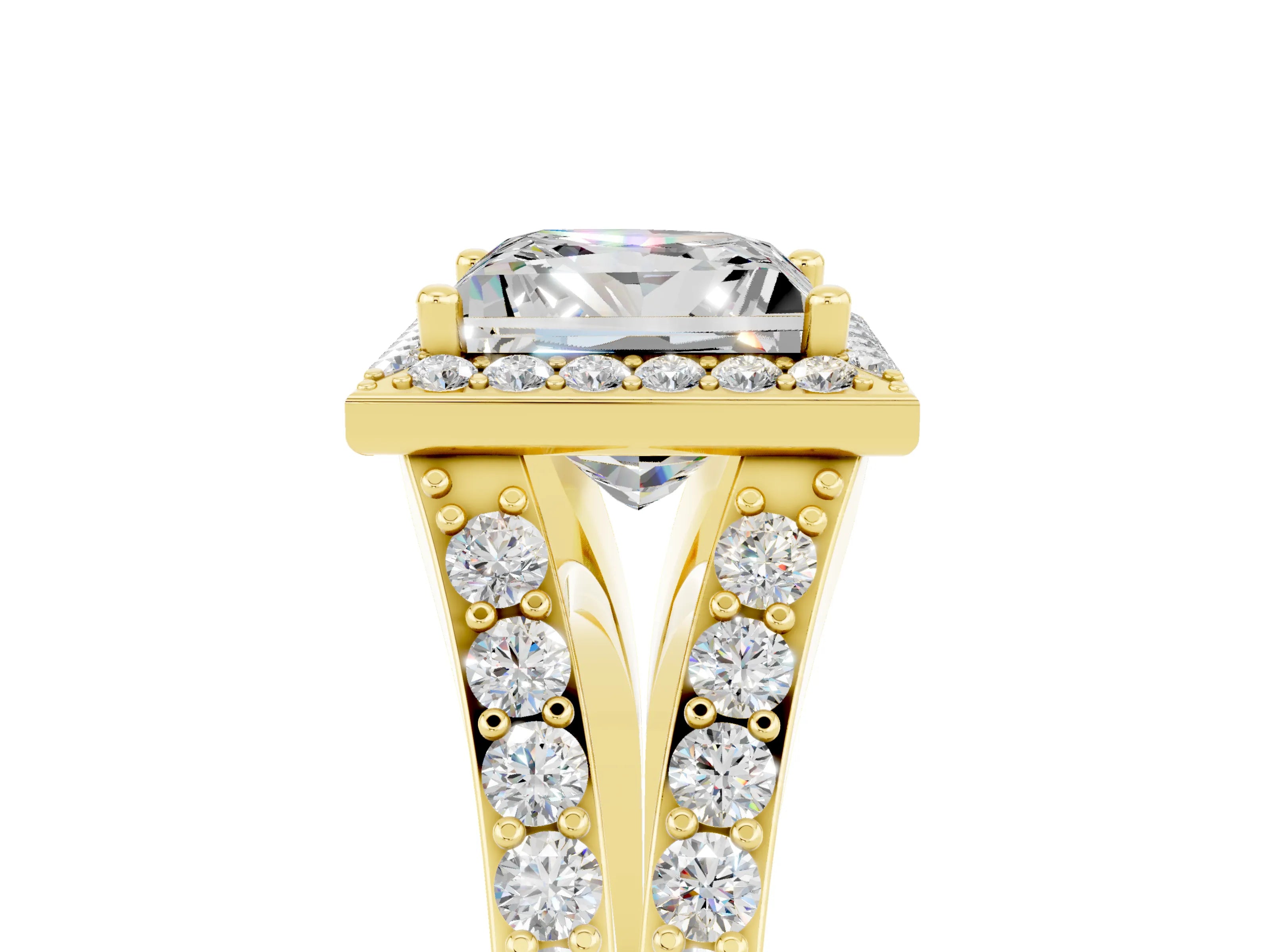 Yellow gold Princess Cut Moissanite Split Shank Halo Ring with Four-Prong Setting_17