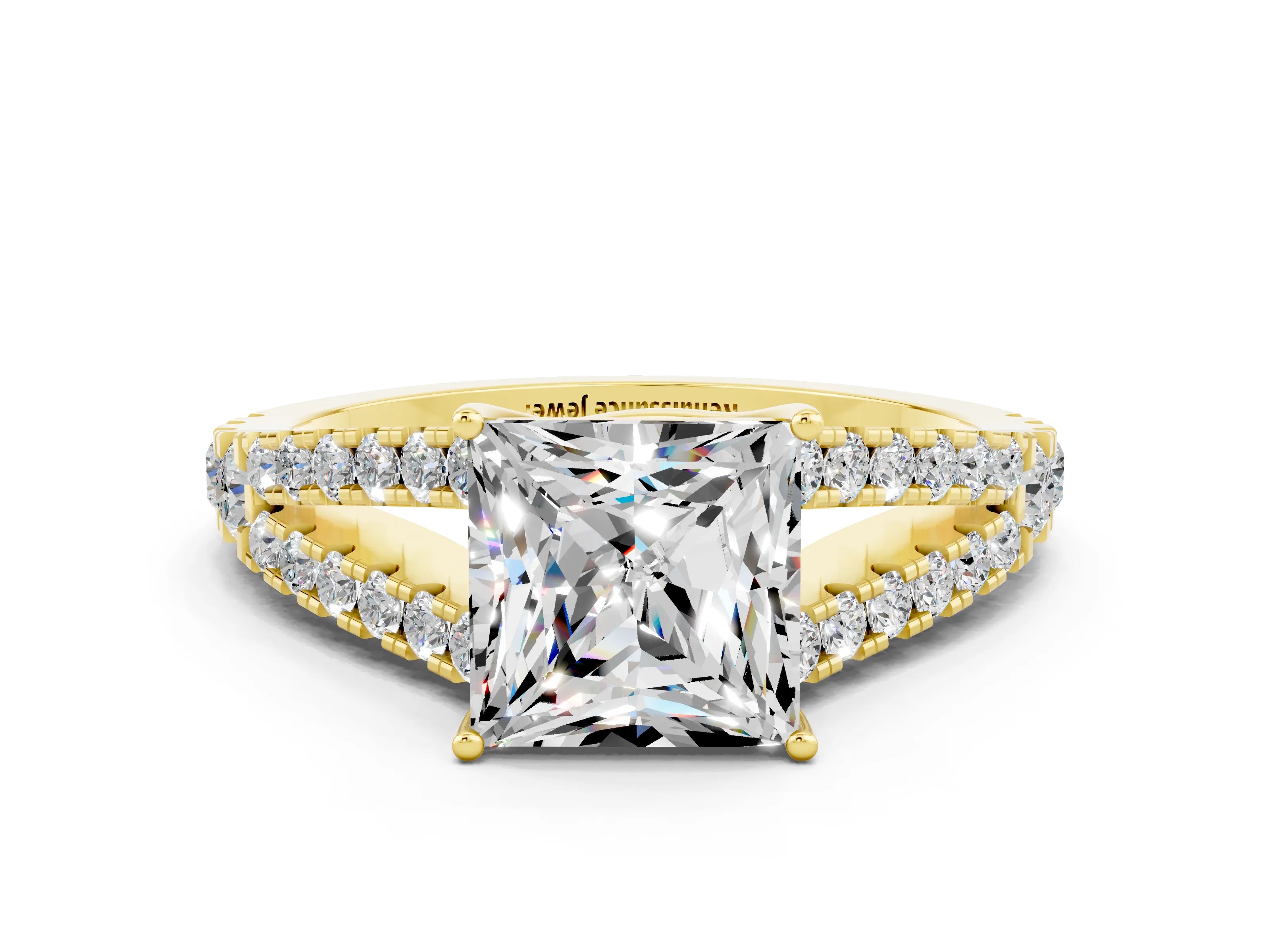 Yellow gold Princess Cut Moissanite Split Shank Pavé Engagement Ring with Four-Prong Setting_12