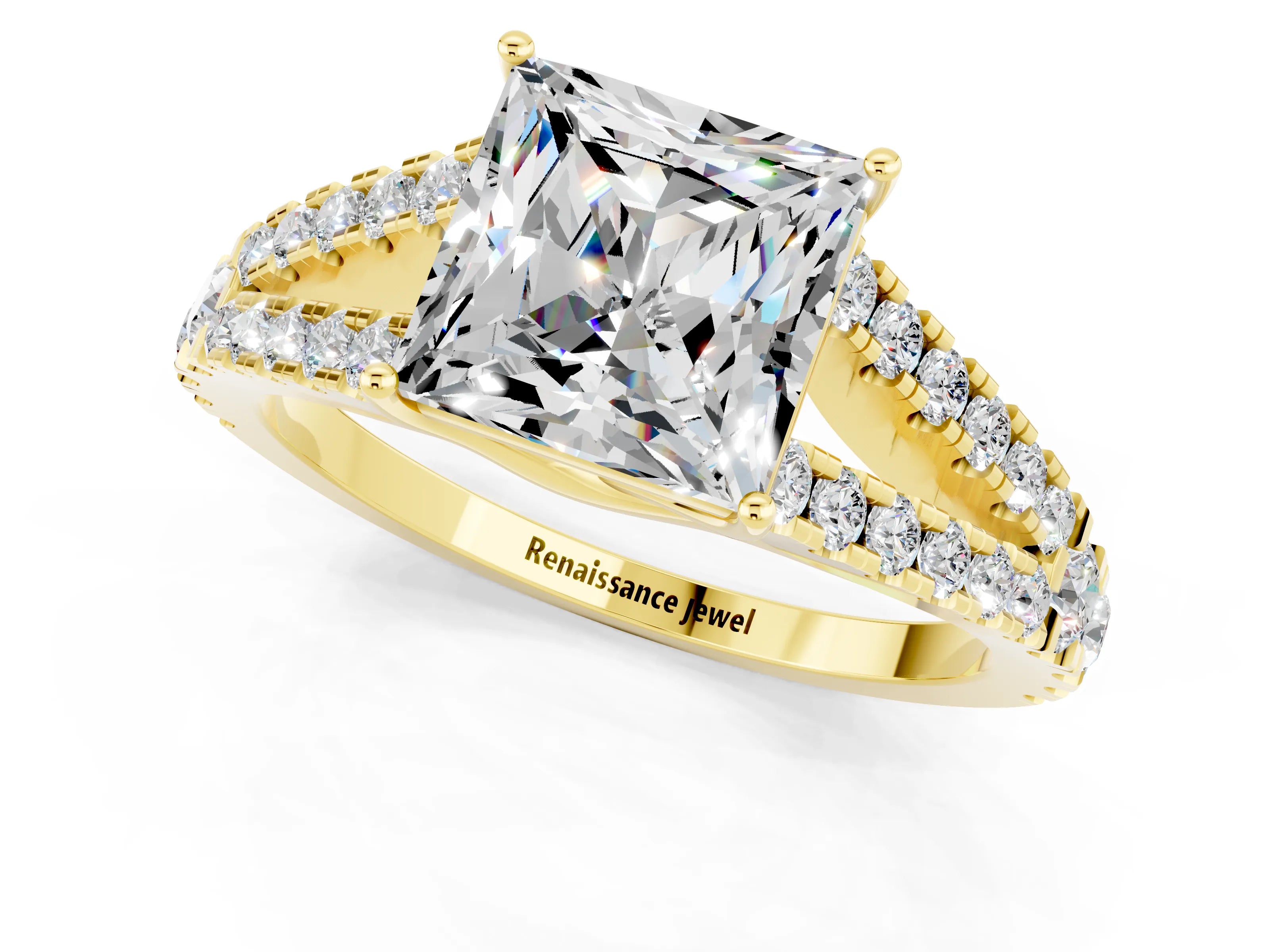 Yellow gold Princess Cut Moissanite Split Shank Pavé Engagement Ring with Four-Prong Setting_13