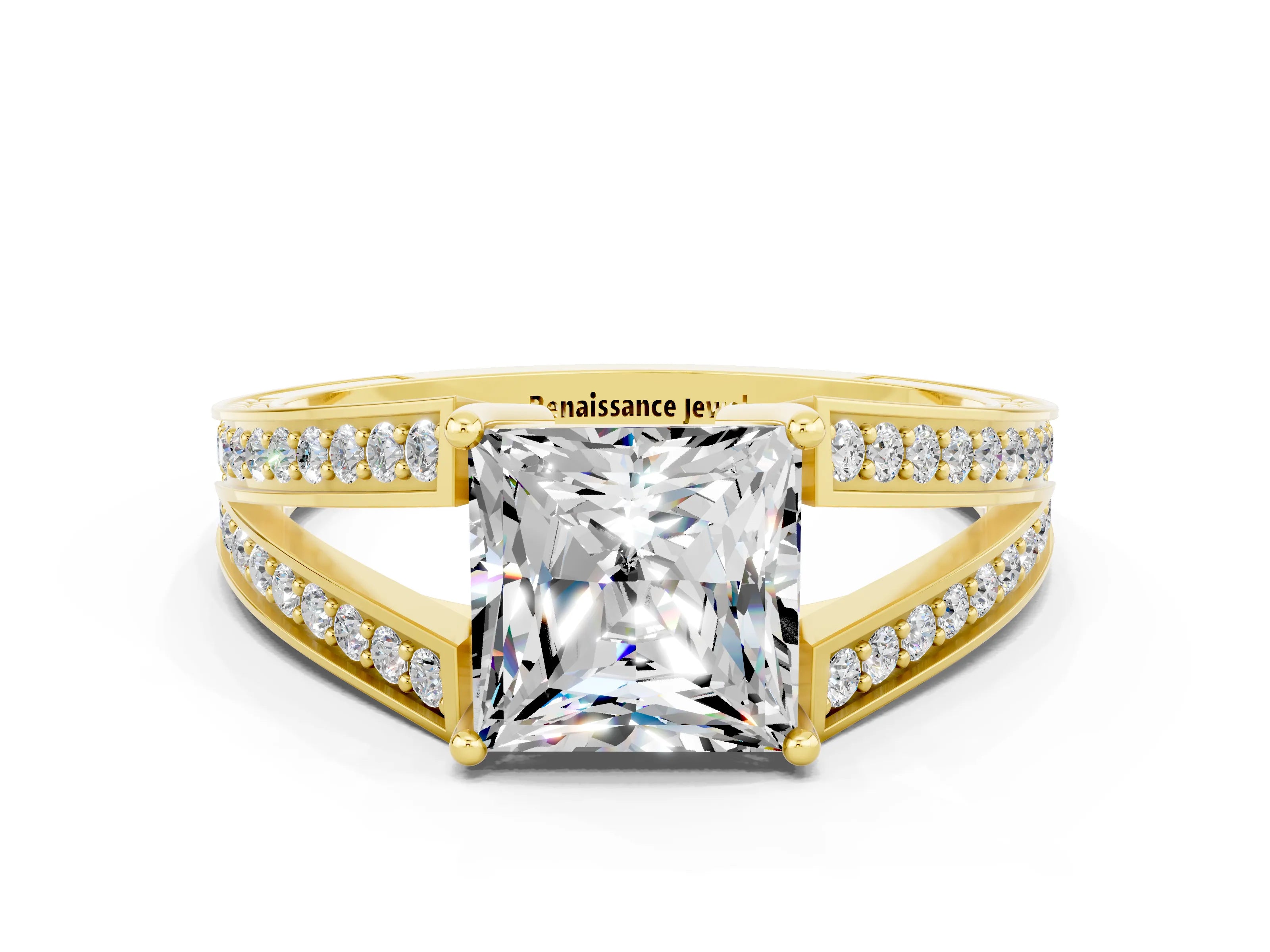 Yellow gold Princess Cut Moissanite Split Shank Ring with Pavé Band and Four-Prong Setting