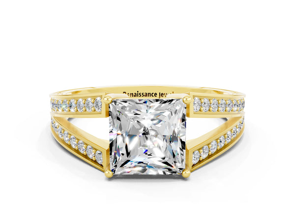 Yellow gold Princess Cut Moissanite Split Shank Ring with Pavé Band and Four-Prong Setting
