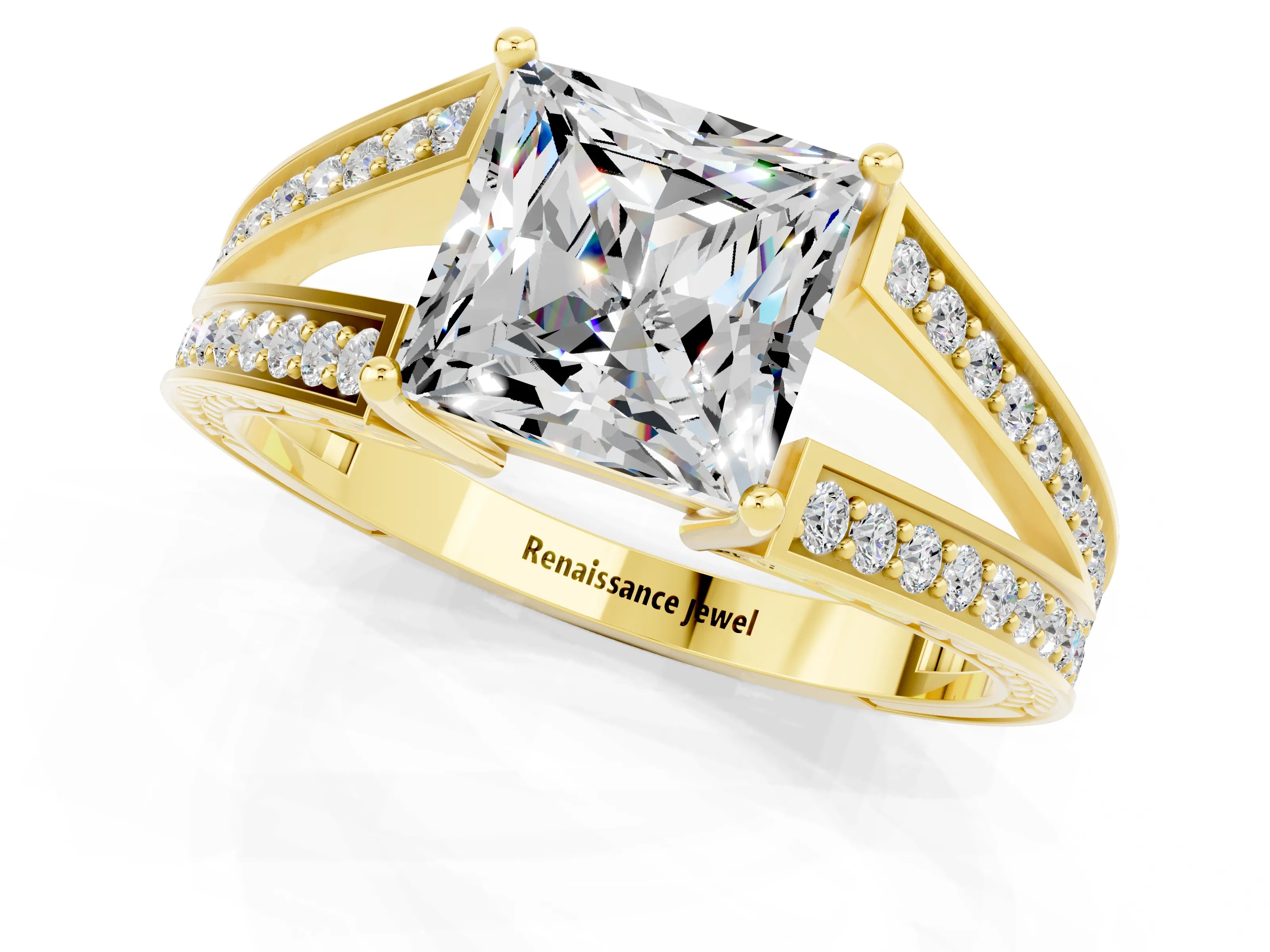 Yellow gold Princess Cut Moissanite Split Shank Ring with Pavé Band and Four-Prong Setting_1