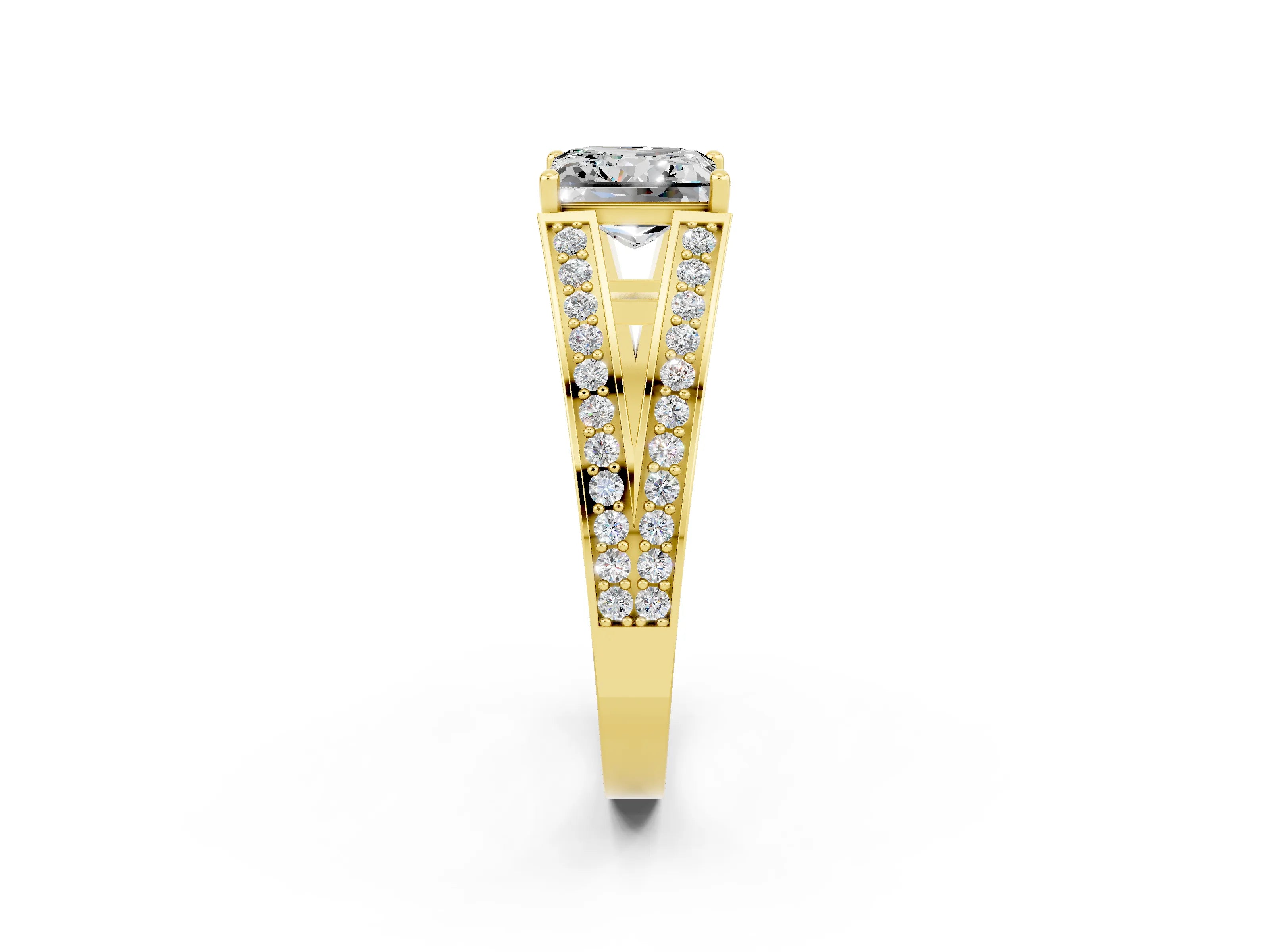 Yellow gold Princess Cut Moissanite Split Shank Ring with Pavé Band and Four-Prong Setting_2