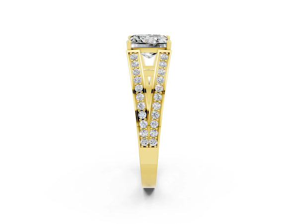 Yellow gold Princess Cut Moissanite Split Shank Ring with Pavé Band and Four-Prong Setting