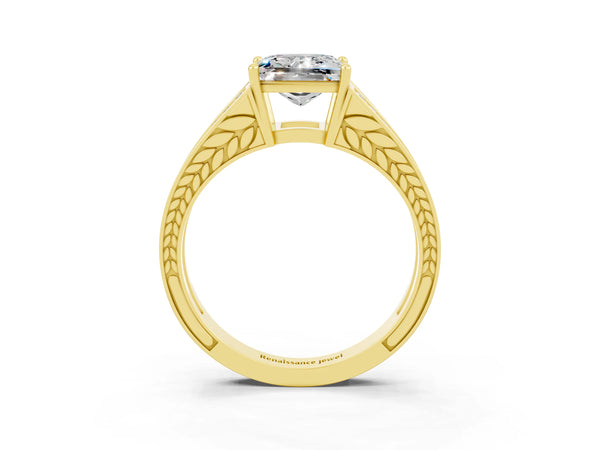 Yellow gold Princess Cut Moissanite Split Shank Ring with Pavé Band and Four-Prong Setting