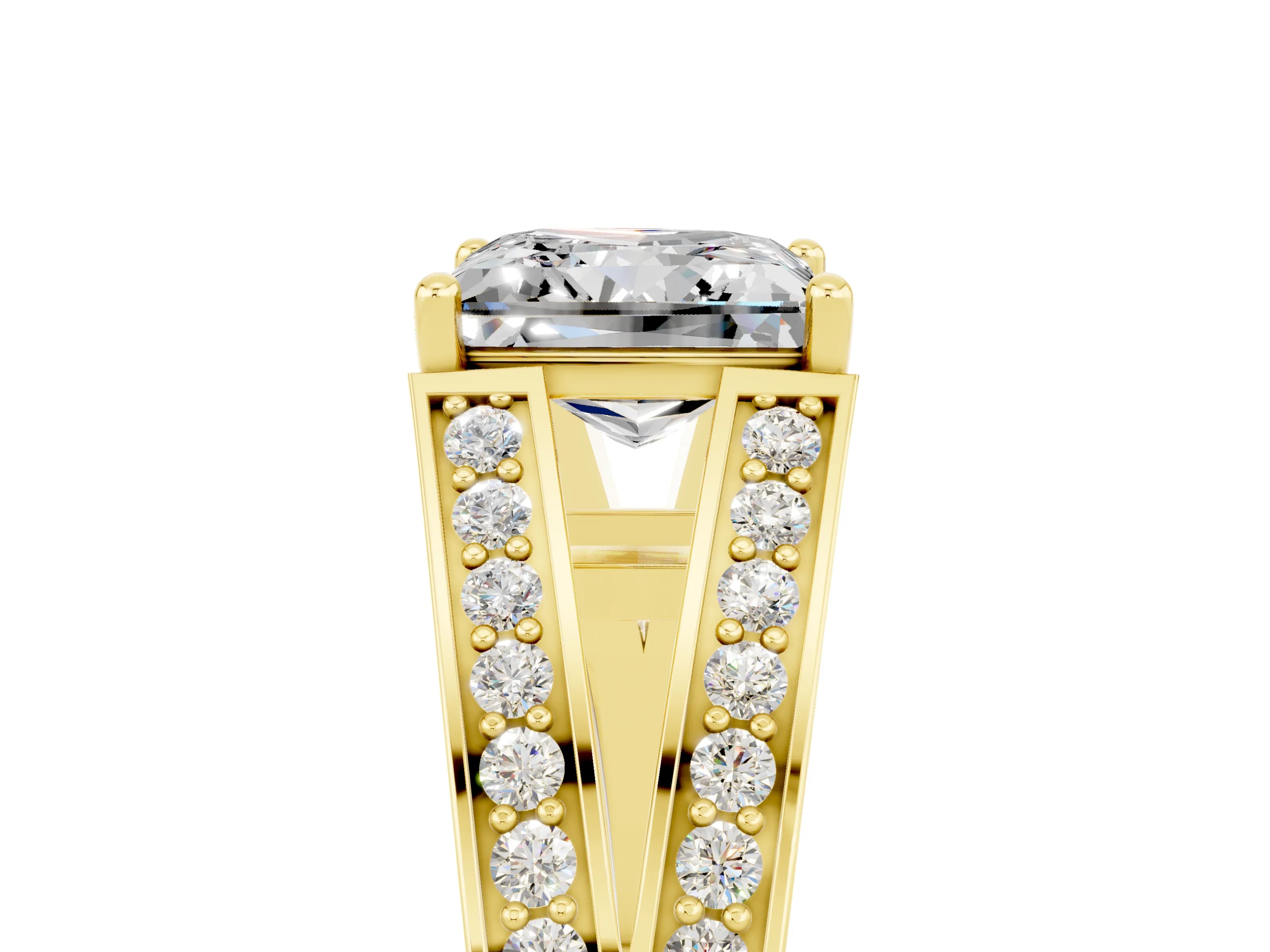 Yellow gold Princess Cut Moissanite Split Shank Ring with Pavé Band and Four-Prong Setting_5