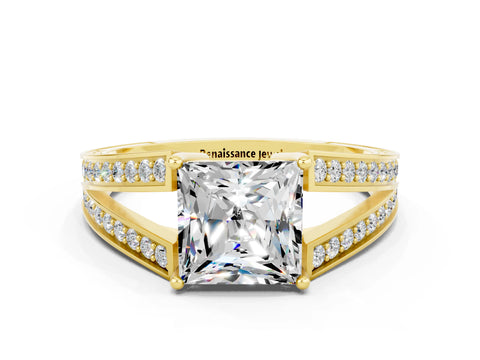 Yellow gold Princess Cut Moissanite Split Shank Ring with Pavé Band and Four-Prong Setting