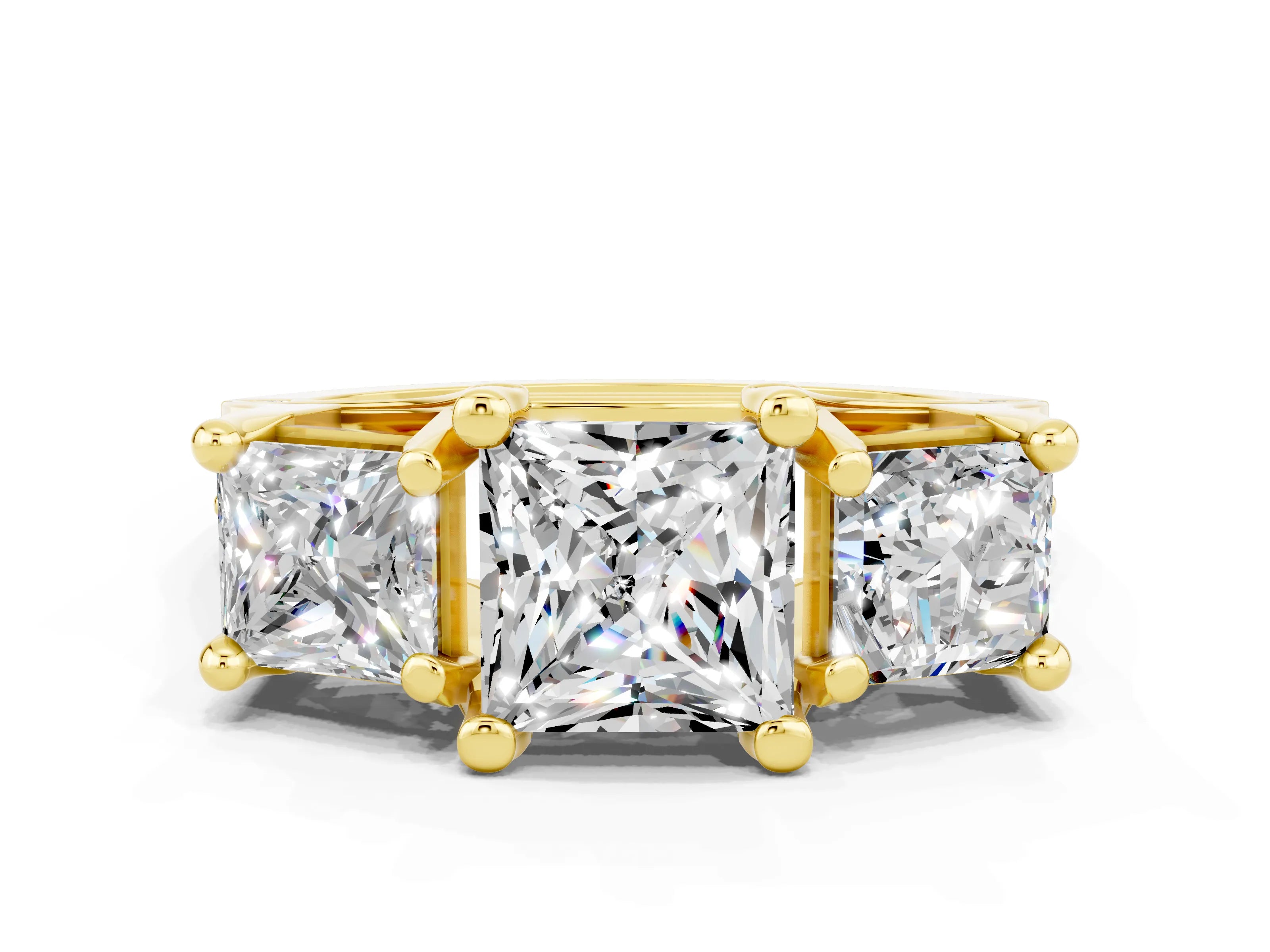 Yellow gold Princess Cut Moissanite Three-Stone Ring with Channel Set Band and Four-Prong Setting
