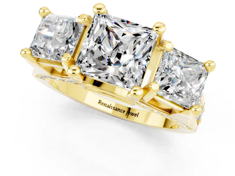 Yellow gold Princess Cut Moissanite Three-Stone Ring with Channel Set Band and Four-Prong Setting_1