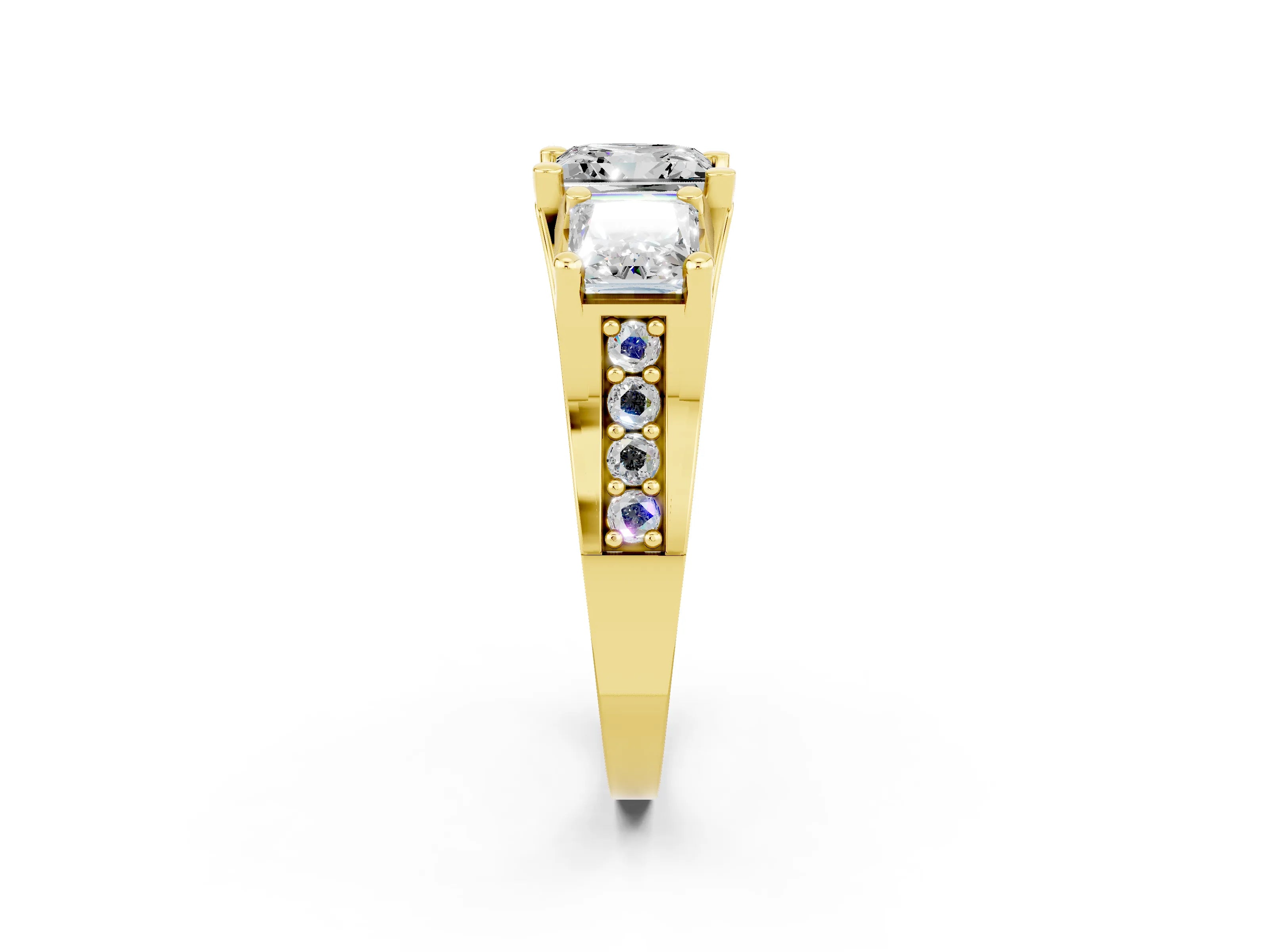 Yellow gold Princess Cut Moissanite Three-Stone Ring with Channel Set Band and Four-Prong Setting_2