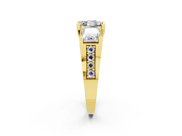 Yellow gold Princess Cut Moissanite Three-Stone Ring with Channel Set Band and Four-Prong Setting