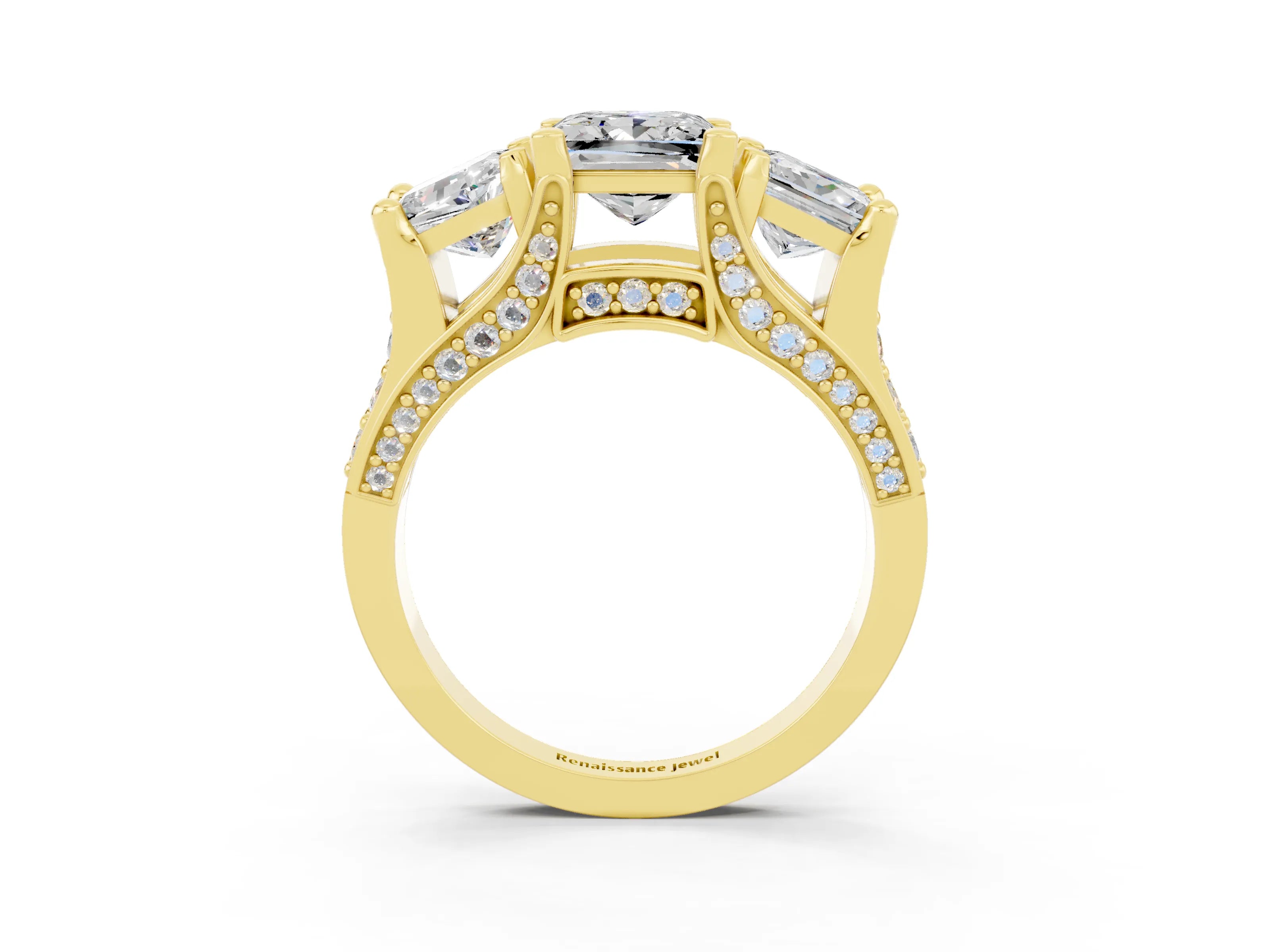 Yellow gold Princess Cut Moissanite Three-Stone Ring with Channel Set Band and Four-Prong Setting_3