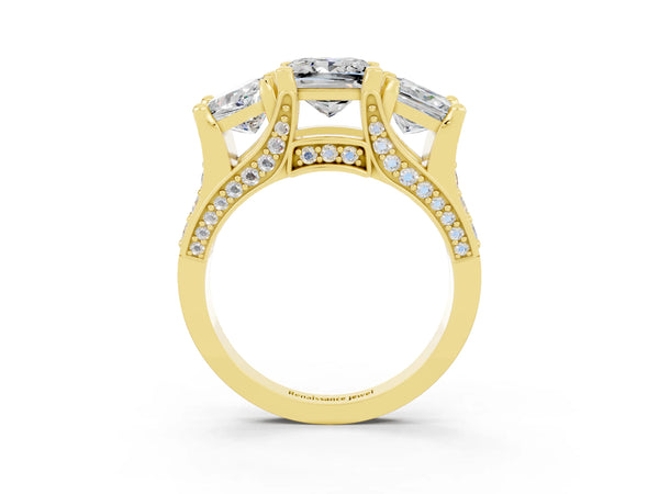 Yellow gold Princess Cut Moissanite Three-Stone Ring with Channel Set Band and Four-Prong Setting