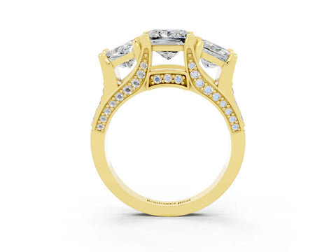 Yellow gold Princess Cut Moissanite Three-Stone Ring with Channel Set Band and Four-Prong Setting_3