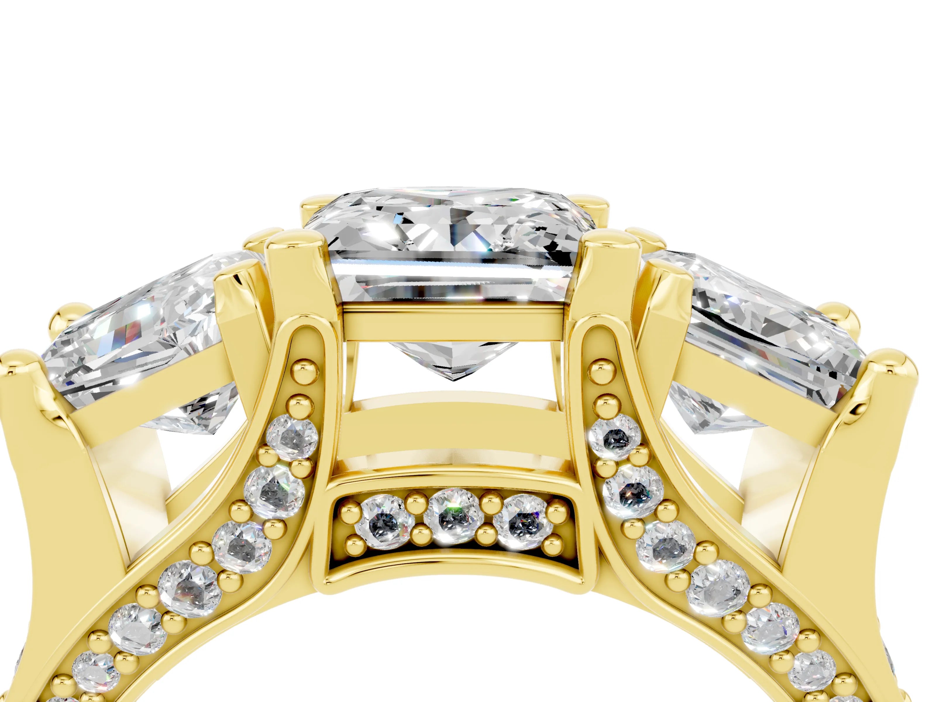 Yellow gold Princess Cut Moissanite Three-Stone Ring with Channel Set Band and Four-Prong Setting_4