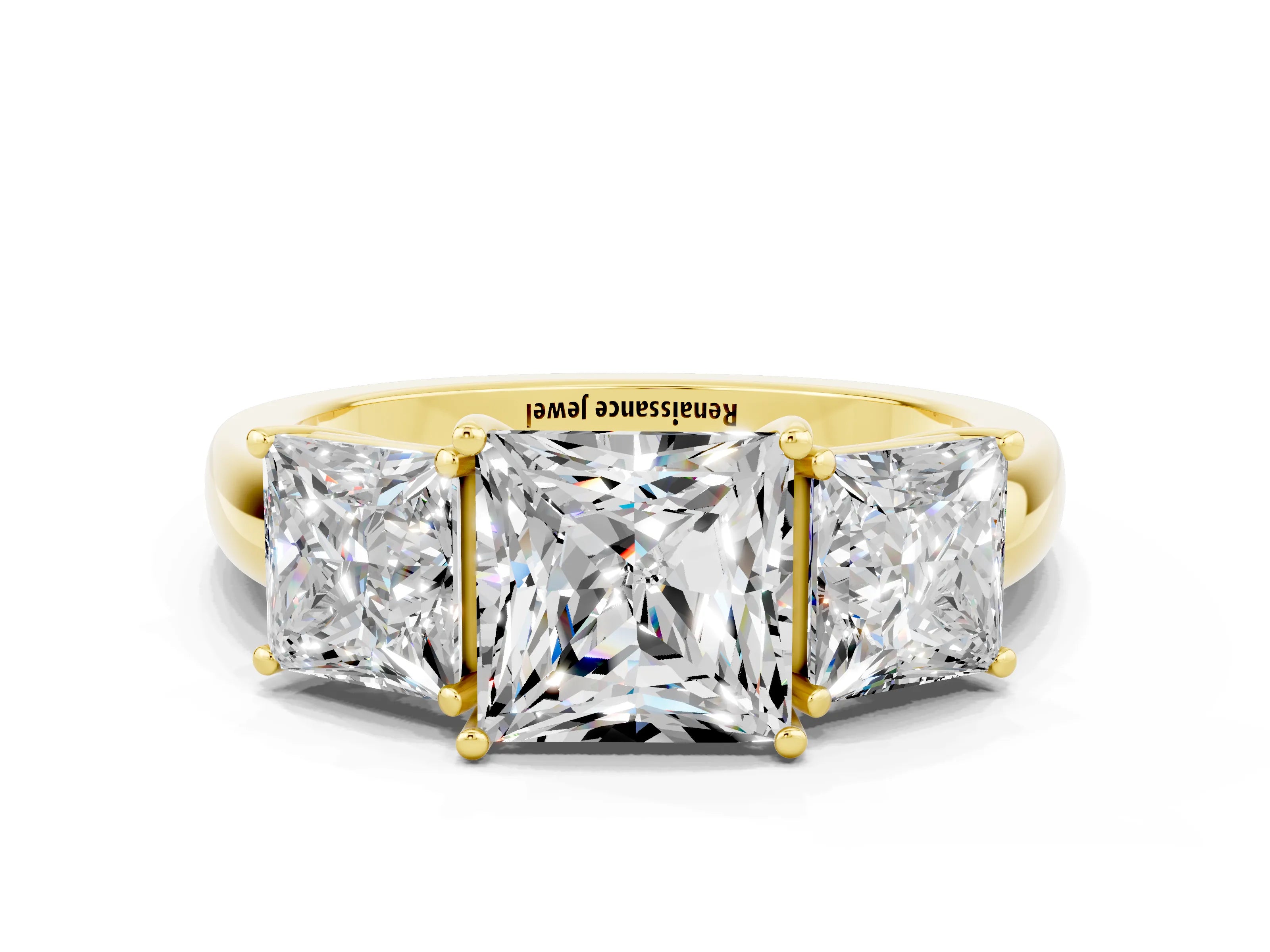 Yellow gold Princess Cut Moissanite Three-Stone Ring with Four-Prong Setting and Classic Band