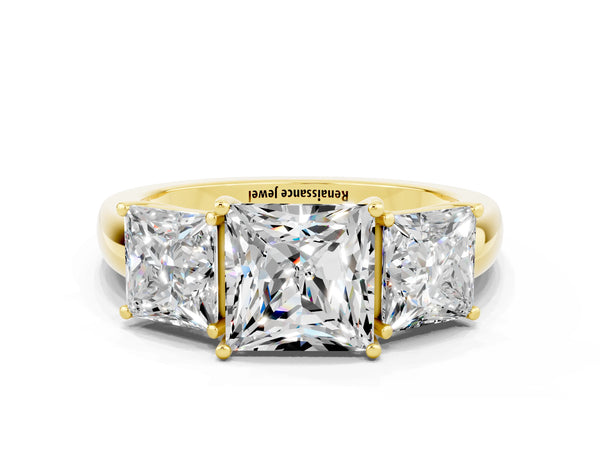 Yellow gold Princess Cut Moissanite Three-Stone Ring with Four-Prong Setting and Classic Band