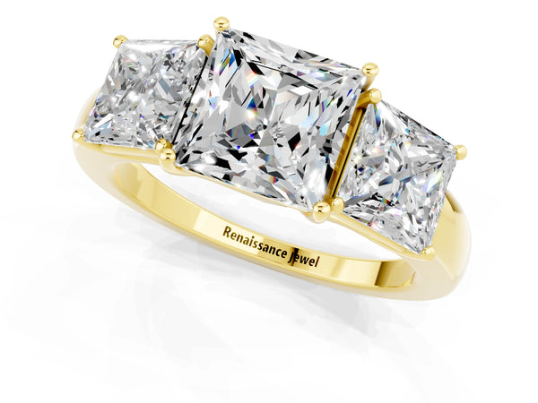 Yellow gold Princess Cut Moissanite Three-Stone Ring with Four-Prong Setting and Classic Band