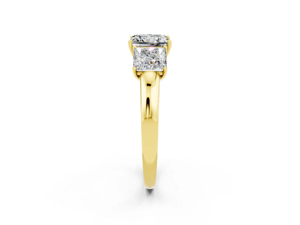 Yellow gold Princess Cut Moissanite Three-Stone Ring with Four-Prong Setting and Classic Band