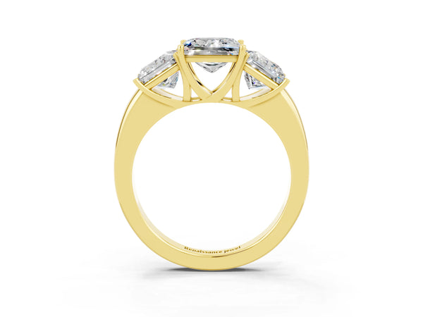 Yellow gold Princess Cut Moissanite Three-Stone Ring with Four-Prong Setting and Classic Band