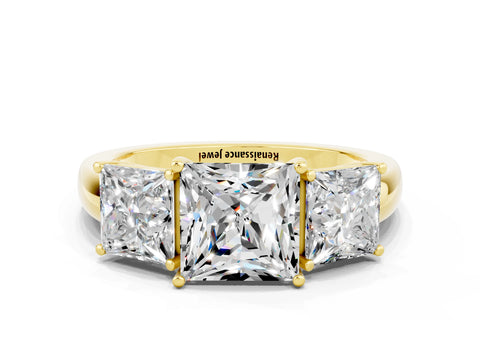 Yellow gold Princess Cut Moissanite Three-Stone Ring with Four-Prong Setting and Classic Band