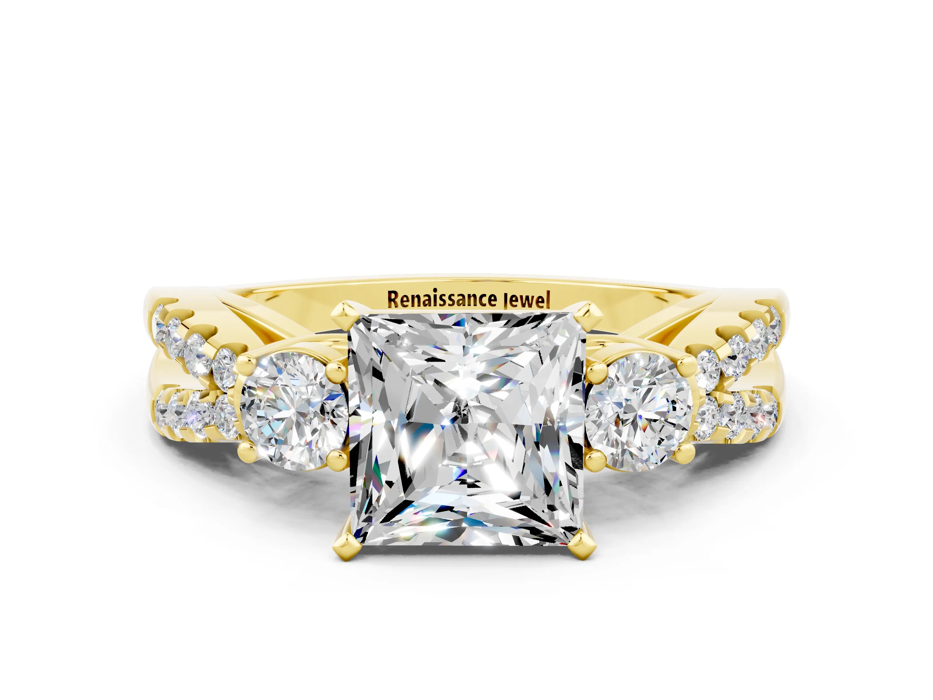 Yellow gold Princess Cut Moissanite Three-Stone Ring with Pavé Split Shank and Four-Prong Setting