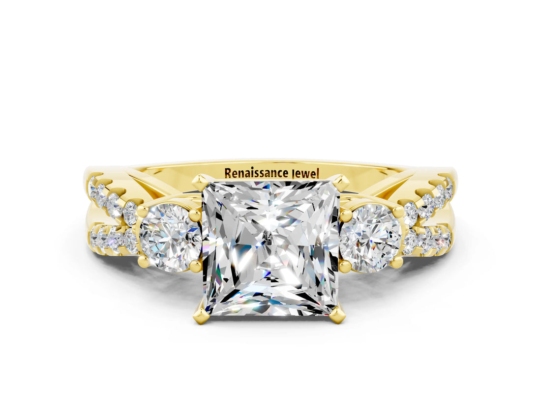 Yellow gold Princess Cut Moissanite Three-Stone Ring with Pavé Split Shank and Four-Prong Setting