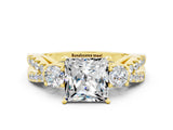 Yellow gold Princess Cut Moissanite Three-Stone Ring with Pavé Split Shank and Four-Prong Setting