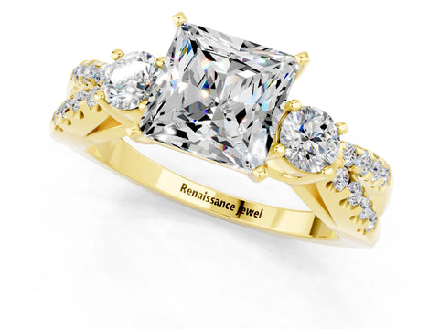 Yellow gold Princess Cut Moissanite Three-Stone Ring with Pavé Split Shank and Four-Prong Setting_1
