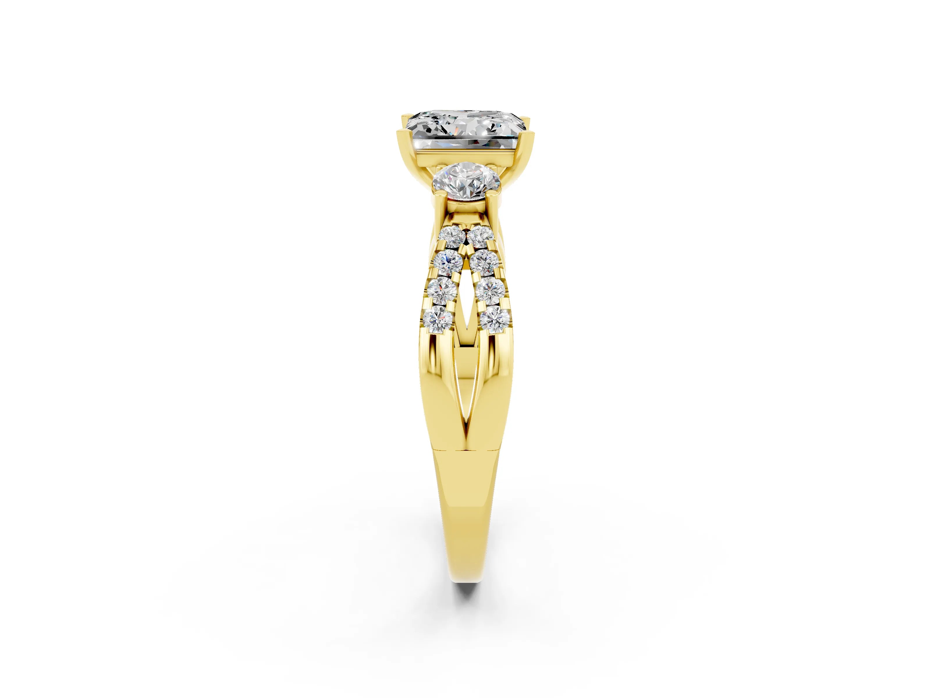 Yellow gold Princess Cut Moissanite Three-Stone Ring with Pavé Split Shank and Four-Prong Setting_2